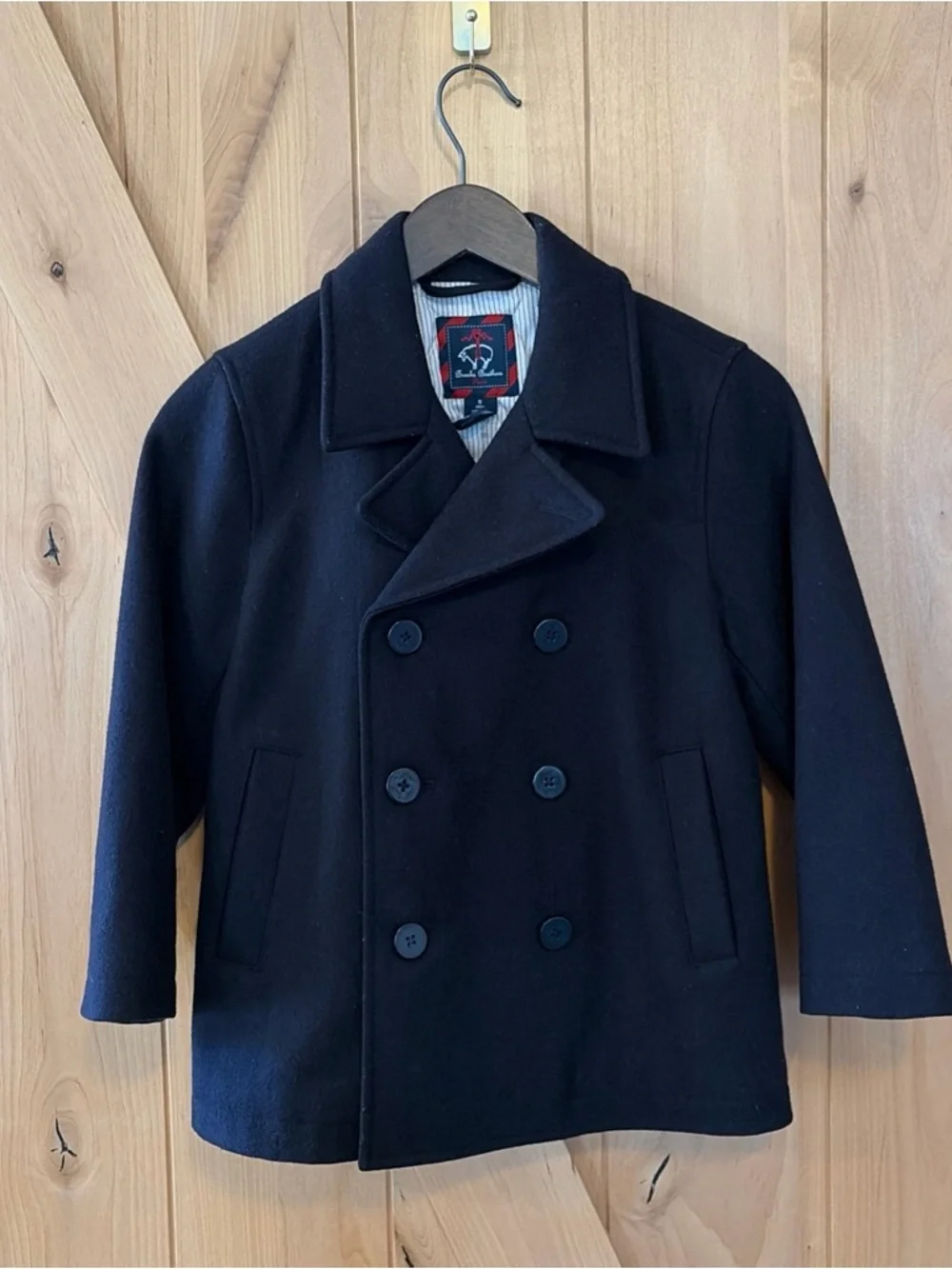 Brooks Brothers Fleece Boys Navy Blue Wool Blend Double Breasted Pea Coat Size S